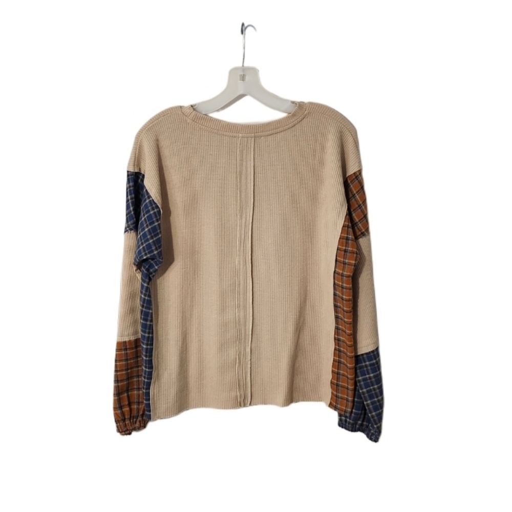 NWT  Hem & Thread  Plaid Patchwork Top  Women's M  Beige, Blue, Brown - Picture 2 of 4